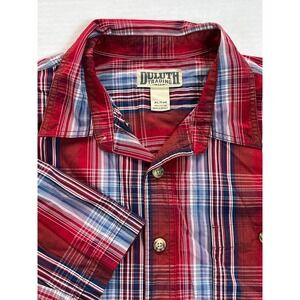 Duluth Trading Co Mens XL Tall Plaid Short Sleeve Button Up Shirt Red Blue